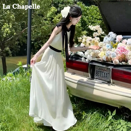 
La Chapelle dress white sleeveless French dress for women summer waist-hugging temperament lace-up huge A-line skirt Champagne apricot sleeveless S 80-100Jin [Jin equals 0.5 kg]