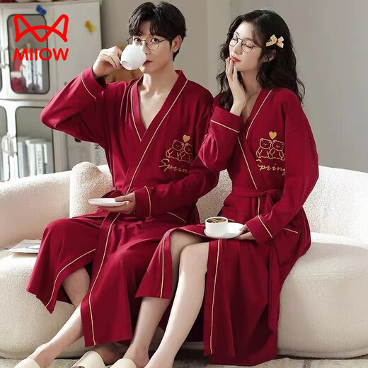 
Cat Man (MiiOW) couple nightgown spring and autumn style wedding bride bathrobe morning robe men and women wedding festive big red medium-length home clothing GHJ16834 2XL men's style