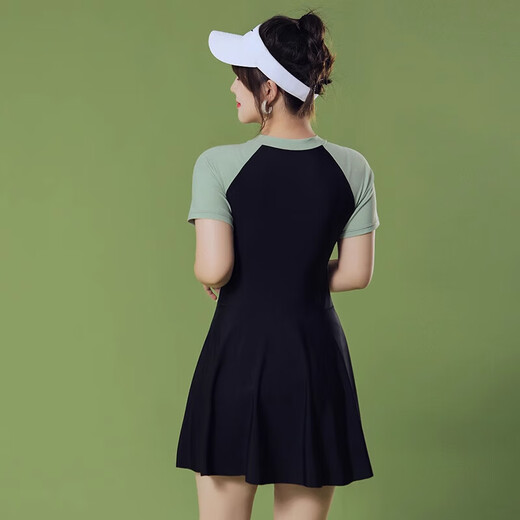 Longwu large size one-piece swimsuit for fat mm, seaside vacation, flesh-covering swimsuit with breast pads, adult conservative slimming skirt swimsuit, large size swimsuit, fresh green 2XL, recommended 120-145Jin Jin is equal to 0.5 kg