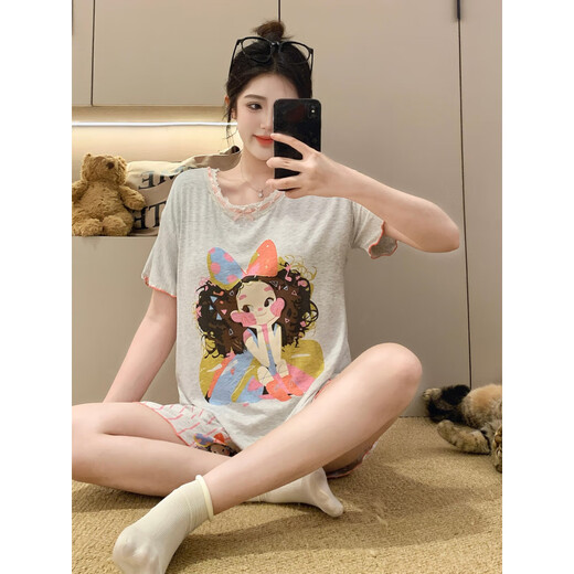 
Modal 2025 new pajamas for women in summer with chest pads short sleeves cute cartoon for outdoor wear three-piece set RM3519 bow girl fixed breast pad M