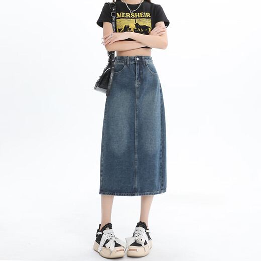 
Jean-Vis denim skirt for women 2025 summer new high-waisted slim slit a-line mid-length retro hip skirt for women 3878 retro blue S