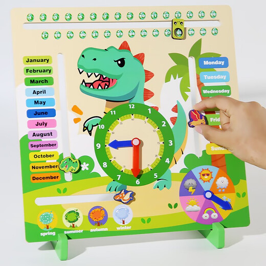 Shantoulin Village Children's Dinosaurier Holz Multifunktional Kalender Uhr Frühes Bildungszeit Weather Week Saison Kognitive Toys Dinosaurierkalenderuhr