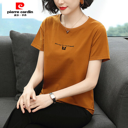 Pierre cardin short-sleeved T-shirt top for women 2025 summer new middle-aged gray Korean style slim fit slim T-shirt 6624# caramel color OFF M [Suggested 95Jin [Jin equals 0.5 kg]]
