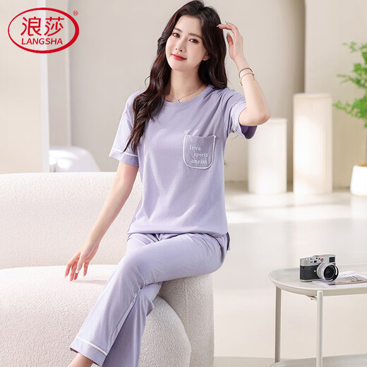 Langsha Pajama для женщин Thin Thin 2025 Новые брюки с короткими рукавами чистого хлопка набор домашней одежды Лето-хлопок можно носить за пределами 7374 Грин Зеленый M 80-100-джин [Джин равен 0,5 кг]