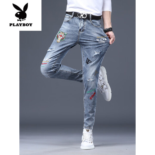 花花公子（PLAYBOY）2025年夏季新款破洞印花牛仔裤男士修身直筒小脚刺绣百搭弹力男裤 天蓝色 6626 28 2.1尺