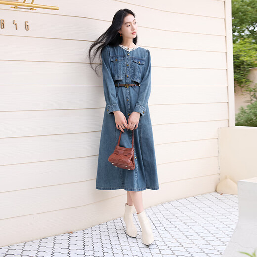 Robe de jean français Xiangy pour les femmes 2025 automne nouveau tempérament rétro à manches longues rond coule pur coton jupe route bleu l 165 / 88a / 110-125jin [Jin est égal à 0,5 kg]