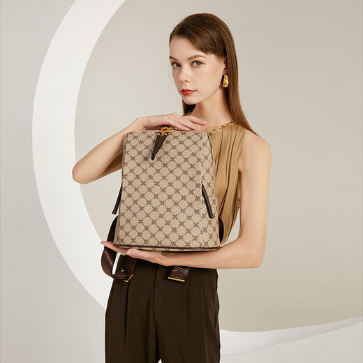 Reessy international first-line brand fashion printed women's backpack large capacity anti-theft bags, juvenile leather travel bags, women's brown back khaki