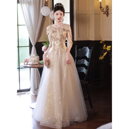 Xiaohanlu dress female high-end student champagne color evening light luxury niche celebrity fairy gauze skirt French annual party petite winter ULH8720 long style L