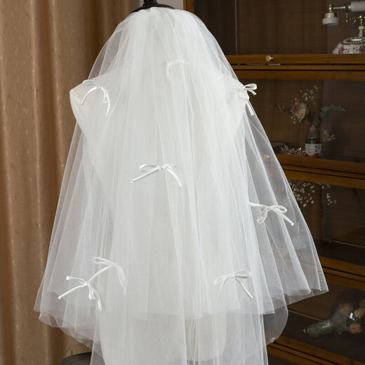 
Shantoulin Village Veil Certificate Pearl Bride Veil Main Wedding Dress Bow Pearl Hair Garment Puffy Korean Style Photo Shot Band Beaded Veil-about 80cm