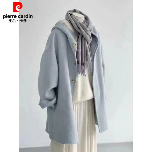 Pierre Cardin fat mm extra large size 300 Jin Jin equals 0.5 kg Woolen coat women's autumn and winter feeling small cream blue hooded coat Picture color XL 110-140 Jin Jin equals 0.5 kg