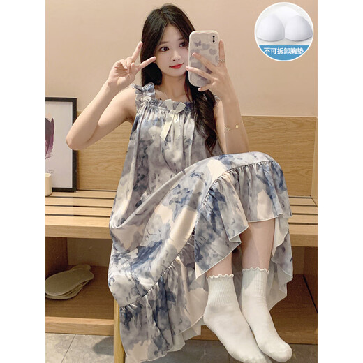 康多蜜冰丝睡衣女夏季薄款加长款吊带睡裙绸带胸垫士夏天水墨画感家居服 SSM-3888[自带胸垫] M [75-100斤]