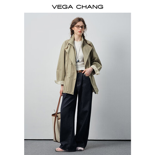VEGA CHANG windbreaker for women petite 2026 spring new style waisted short cuffs striped splicing loose jacket fog khaki S