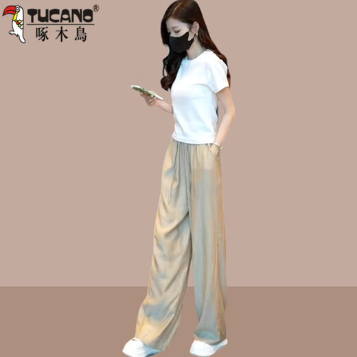 Atuendo de verano de carpintero con un conjunto completo de camisetas delgadas fritas en la calle, pantalones de patas anchas de seda de hielo, juego de dos piezas para mujeres, pantalones negros m (recomendado 100 Jin [Jin iguala 0.5 kg])