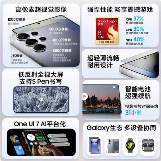 Samsung Galaxy S25 Ultra Super Anthropomorphic AI Assistant 200 Million Pixel AI Photography Translation Phone Gaming Phone Titanium Silver Blue Activation 12G+256G