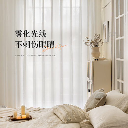 Japanese and American New Diamond Gauze Curtains Floating Window Screens Living Room Window Screens Bedroom White Gauze Balcony Translucent and Impenetrable White Velcro Sand Transparent Moon Branch Shadow-Beige Hook Width 3.0 Height 2.5 Meters One Piece