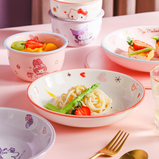 Disney (Disney) ceramic rice bowl children's tableware cream style plate creative cute girl heart ins style home use 5 pieces of big ear dog (rice bowl + spoon + chopsticks + plate + cup)