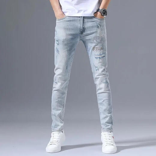 Jeans étirés haut de gamme d'automne Zhidoudou pour la marque de marque à la mode masculine à la mode à la mode mince des pieds minces couleurs légères bleu clair 3890 pantalon déchiré, taille moyenne 32 [suggéré 135-145jin [Jin est égal à 0,5 kg]]]