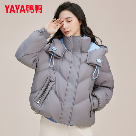 YAYA Ju Jingyi's same style down jacket for women 2025 new short Korean style fashion hooded thickened warm and slim jacket XH gray M (160)