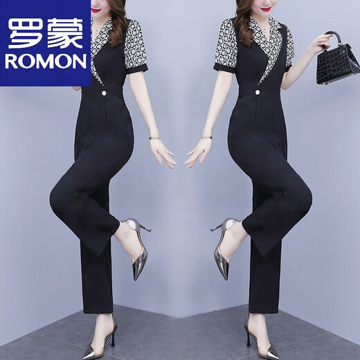 罗蒙（ROMON）时尚气质显高显瘦西装连体裤套装女夏装2025新款连身连衣裤 黑色 XL