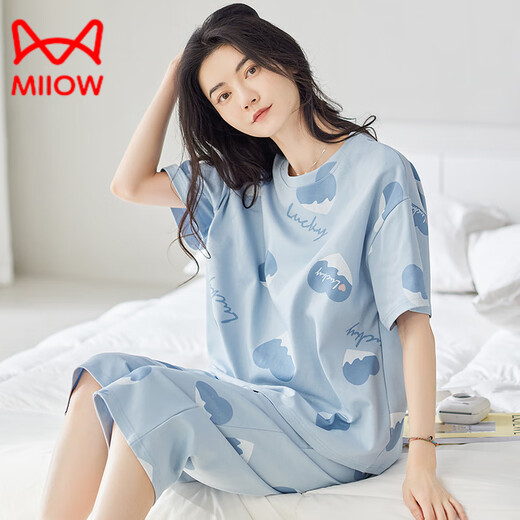 猫人（MiiOW）2025新款睡衣女款夏季纯棉短袖七分裤家居服全棉休闲可外穿 Z9854 M 【建议75-90斤穿】
