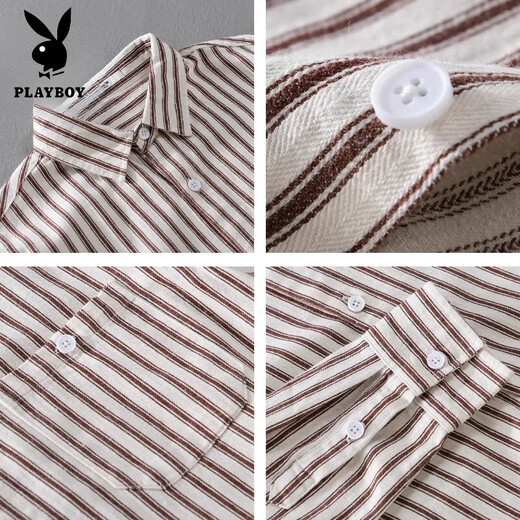 Playboy (PLAYBOY) 2025 Spring and Autumn Pure Cotton Striped Shirt Men's Summer Long-Sleeved Shirt Loose Casual Jacket for Boys 305D Yellow Henry Collar Short I-Sleeve L 120-135Jin Jin is equal to 0.5 kg