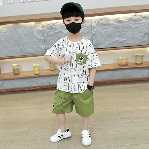 男童夏季套装2025新款宝宝夏装酷帅气衣服潮儿童网红炸街短袖童装 TZ-7170太空字母短袖套装-绿色 120 （建议身高115公分左右）