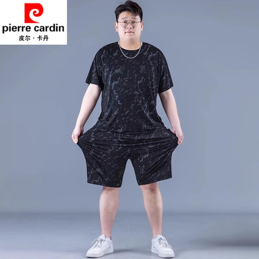 Pierre Cardin Ice Silk Sports Costume d'été de grande taille pour hommes minces minces pour hommes à séchage à séchage à cinq points Fat plus gras plus manches courtes lâches PZ829 Black High Quality Silk Suit XL recommandé 130-140jin [Jin est égal à 0,5 kg]