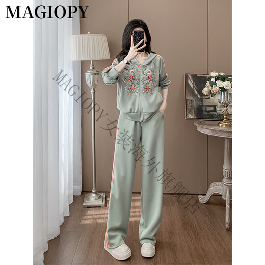 MAGIOPY国际奢侈高档品牌新中式国风休闲运动套装女春季高端洋气刺绣外套 绿色两件套 S(100斤以内)