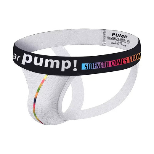 PUMP trendy men's thong mesh double thong pants hollow buttocks youthful T-pants without taking off G 2XL H96 cotton-white