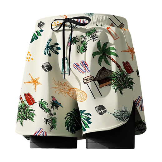 Big round and small round teenage men's swimming trunks anti-embarrassment double-layer loose large size fat people middle and high school students quick-drying swimming upgraded version white flower + cap + swimming goggles earplugs nose clip + bag XL XL95-120Jin Jin equals 0.5 kg