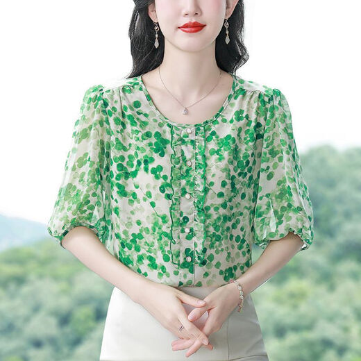 Mamas Sommer-Blumen-Chiffon-Hemd für das Kurzarmtemperament und das altersreduzierende Druckhemd dünne lose lose obere modische grüne XL mit mittlerem Alter [vorgeschlagen 120-130jin [Jin entspricht 0,5 kg]]
