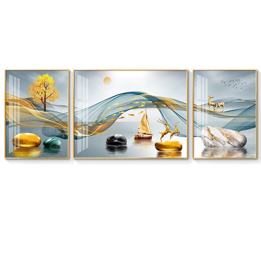 现代简约客厅装饰画沙发背景墙壁画大气轻奢三联画挂画镶钻晶瓷 HJ-3893-一帆风顺 两边40*60中间80*60尊贵黑框镶