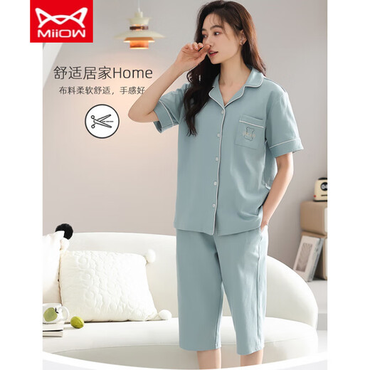 猫人 MIIOW睡衣女夏天休闲开衫短袖薄款七分裤套装夏季女士可外 MNQ9898#NXF M 【建议80-斤】