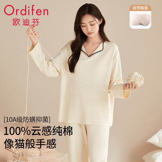 Ordifen women's pajamas with chest pads 100% cotton autumn antibacterial and anti-mite lapel pullover can be worn outside home clothes L