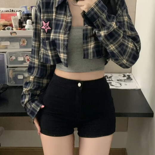 Small black tight denim shorts for women wearing summer high waist slim hot pants American pants black [WK-K503] S