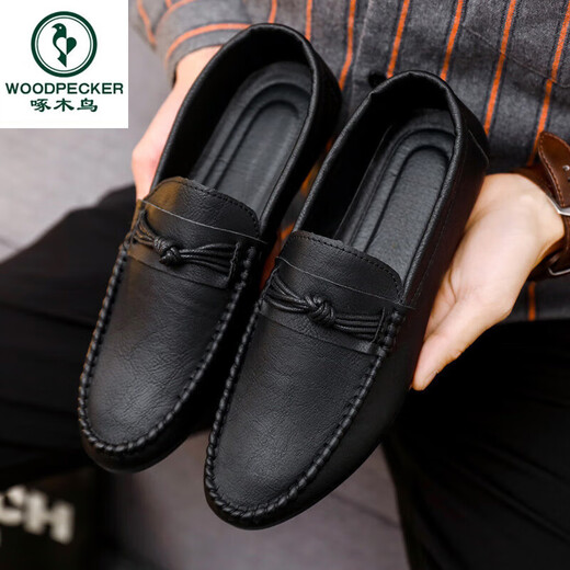 Woodpecker Herren Beans Schuhe koreanische Businessarbeit lässige Lederschuhe atmungsaktives vielseitiges Nicht-Schlupf-Ein-Schritt-Männerschuhe 2025 Sommer D826 Black 39
