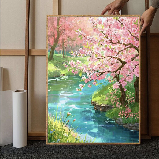 Spring peach blossom landscape digital oil painting DIY fill 2025 new hand-painted color filling acrylic oil painting F9885 B90x125cm [large-size porch hanging painting] x