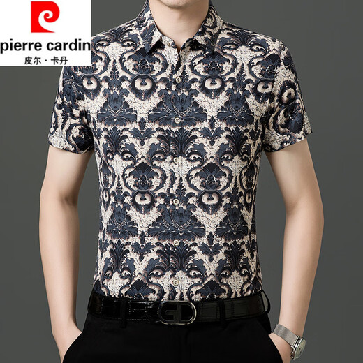 皮尔卡丹（pierre cardin）夏季新款冰丝短袖花衬衫男高级感免烫抗皱休闲印花衬衣中年爸爸装 9898黑色 4XL 190【195-210斤】