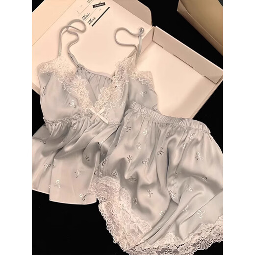 
Miao Dai 2025 summer ice ribbon chest pad pajamas for women four-piece set lace bow embroidered sexy sweet home clothes blue [with chest pad] suspenders + shorts M (160)