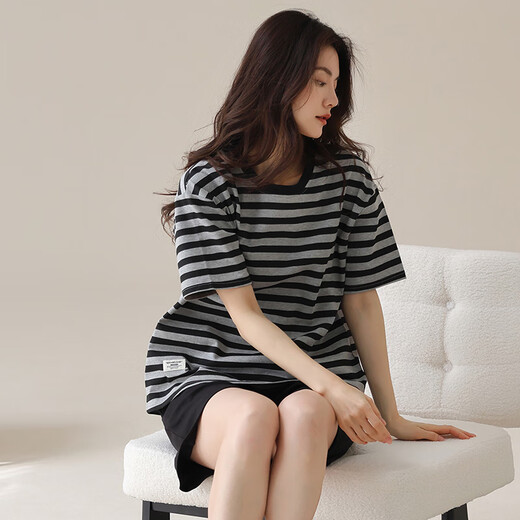 The same style as Pang Donglai DL 2025 pajamas for women in summer short-sleeved shorts for black stripes can be worn on the outside for simple home YZT9859_Set 2XL_Suggested 135-150Jin[Jin equals 0.5 kg]
