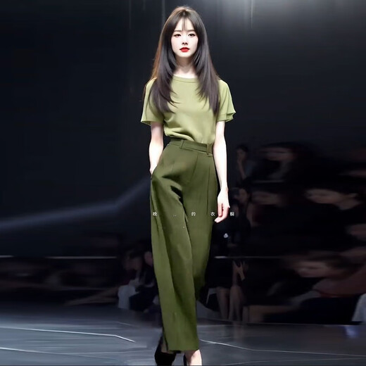 忻依美时尚套装女两件套2025夏季新款洋气显瘦冰丝短袖高腰阔腿裤套装 蓝色上衣+黑色裤子【套装】 L 【110-120斤】