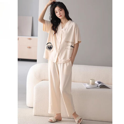 雅鹿睡衣女款春夏季凉感莫代尔短袖长裤家居服春秋开衫V领可外穿套装 HMT-753# M