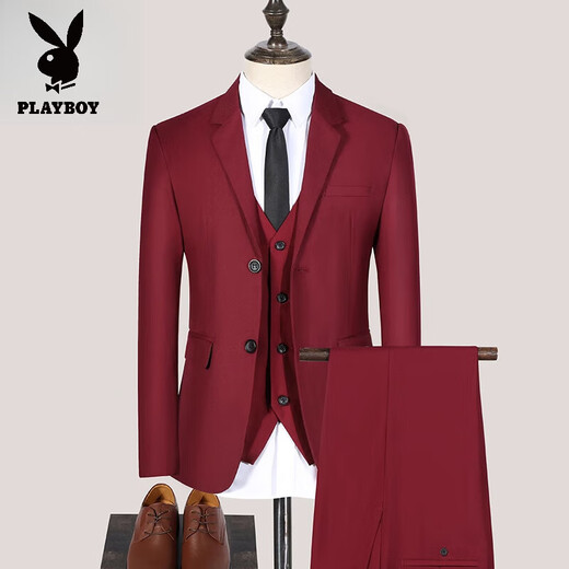 花花公子（PLAYBOY）西装套装男士礼服上衣休闲西服韩版修身商务小西装男外套 二扣藏青色西装+西裤+马甲 三件 S 【80斤左右】