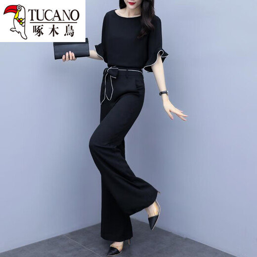 Specht mit breitem Beinhosenanzug für Frauen Sommer 2025 neuer Stil der königlichen Schwester Temperament Chiffon Hochverluste schlanke modische und lässige zweiteilige schwarze Top + Hosen Set XL [Vorgeschlagen 115-130jin [Jin gleich 0,5 kg]]]