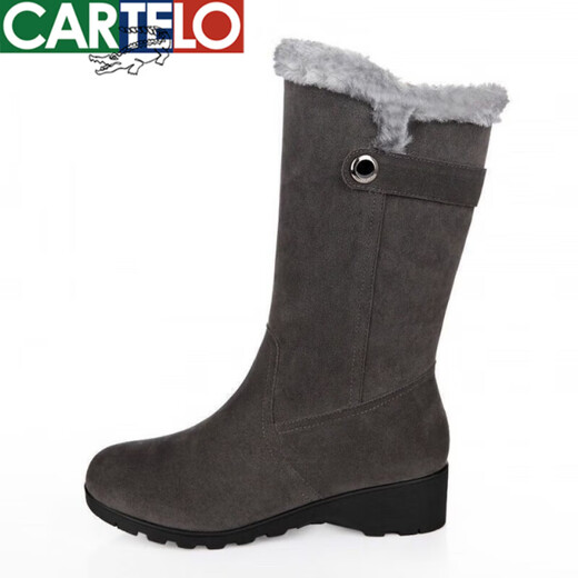 卡帝乐鳄鱼（CARTELO）加绒加厚雪地靴女冬季皮毛一体长筒靴平底防滑中筒靴保暖妈妈棉鞋 719黑色 39