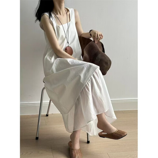 
Planaling Dress for women 2025 summer high-end niche design French first love sleeveless white vest temperament loose long skirt irregular suspender dress [white] L 100-115Jin [Jin equals 0.5 kg]