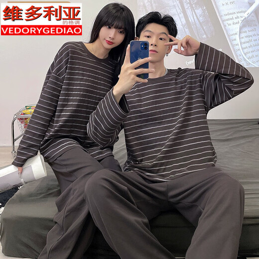 Victoria's style couple pajamas for spring and autumn new long-sleeved cotton men and women casual striped home clothes two-piece set #XF-15567 M women [75-100]Jin[Jin equals 0.5 kg]