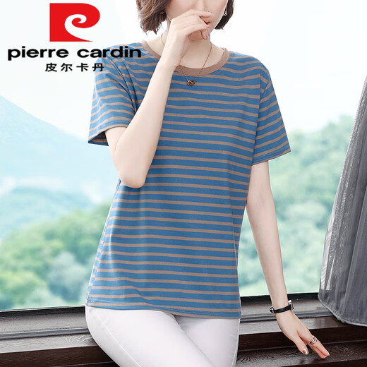 皮尔卡丹（pierre cardin）纯.棉条纹短袖T恤女中年妈m妈装夏季新款大尺码宽松遮肚显瘦洋气 653#短/袖【蓝棕色】今年流行的 M 建议80-100斤