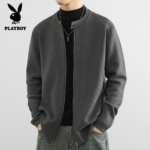 花花公子（PLAYBOY）针织开衫外套男士秋季纯色夹克轻熟风高端男款棒球领外穿毛线衣 灰色 M 110斤以内