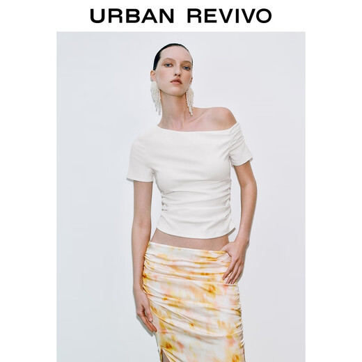 UR2025 Été Nouvelle Fode pour femmes Col à épaules dénudées T-shirt Slim plissé UWG450144 Blanc M